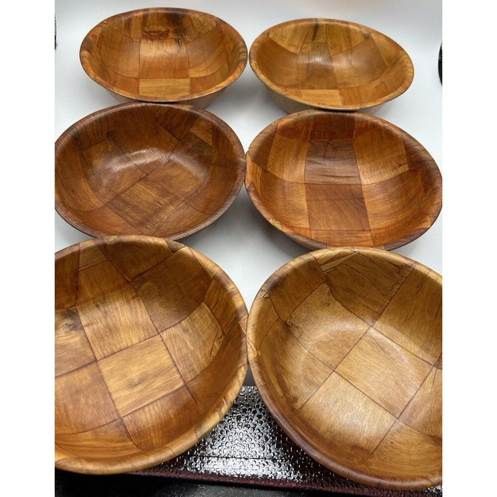 Vintage Wood Parquet Salad Bowls Set of 6 MCM Woven Checkered Basket weave 6 in